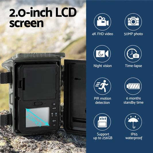 Outdoor camera with 2.0-inch LCD screen on a rocky surface, featuring features like 4K FHD video, night vision, and waterproof rating.