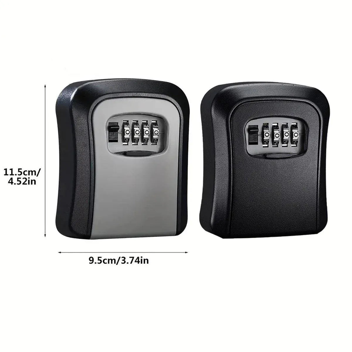 Two key storage safes with combination locks on a white background, showing dimensions.