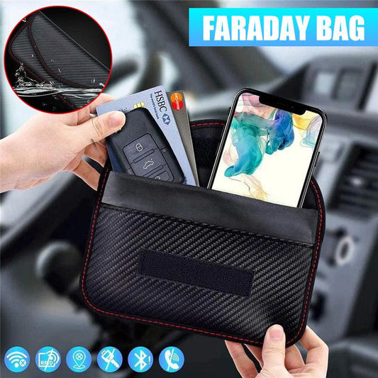 Faraday bag designed to bloc RFID and key fob signals, shown holding a car key, cards and smartphone.