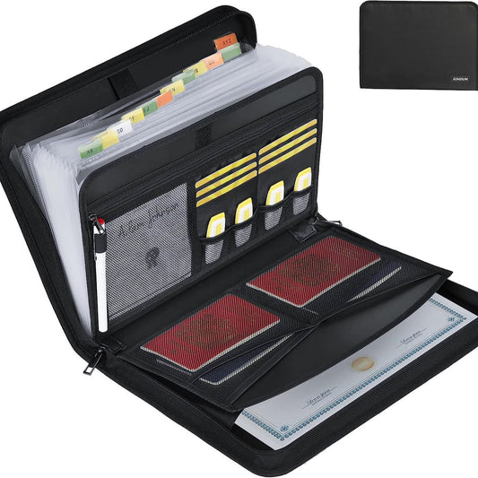 Large capacity fireproof document organiser with expanding files, passport holders, card slots and mesh storage pockets.
