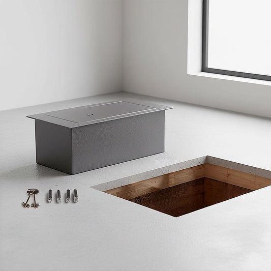Heavy-duty hidden floor safe with key lock beside an underfloor installation opening for concealed home security.