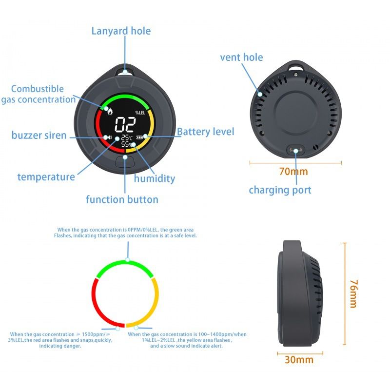 Portable carbon monoxide detector showing dimensions, controls and charging port