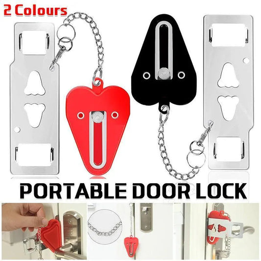 Collage of portable door locks in various designs with a keychain.
