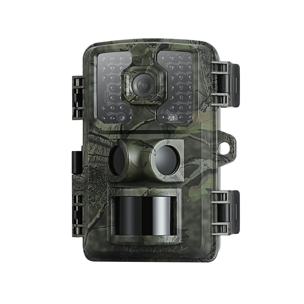 Camouflage-patterned wildlife camera on a white background