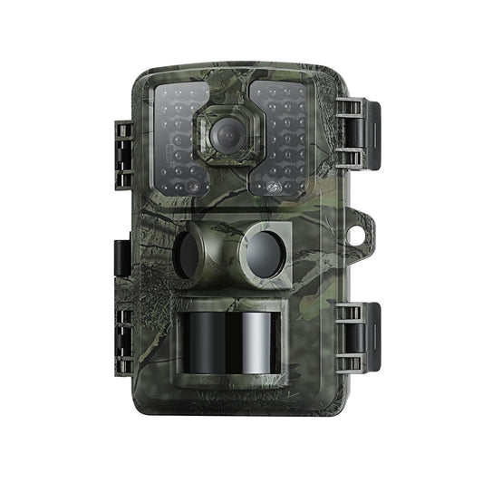 Camouflage-patterned wildlife camera on a white background