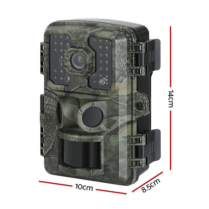 Camouflage-patterned trail camera with dimensions indicated on a white background