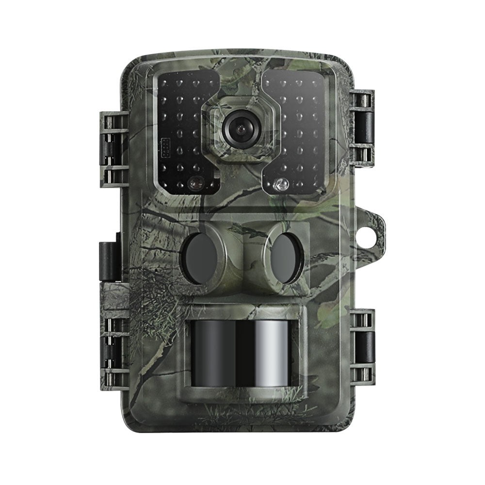 Camouflage-patterned wildlife camera on a white background