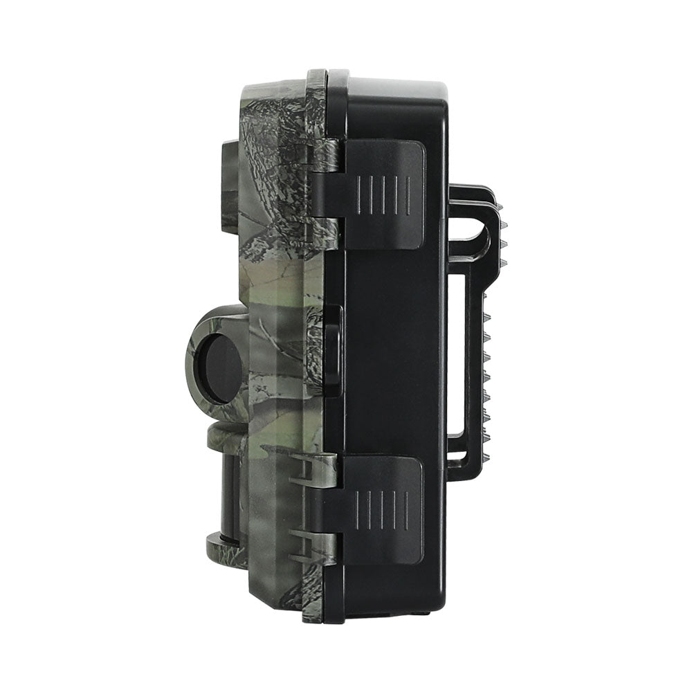 Camouflage-patterned side profile of trail camera on a white background