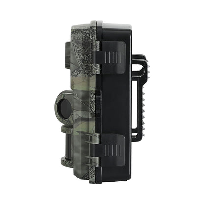 Camouflage-patterned side profile of trail camera on a white background