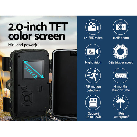 Black outdoor camera with 2.0-inch TFT color screen and feature icons on a blue and gray background