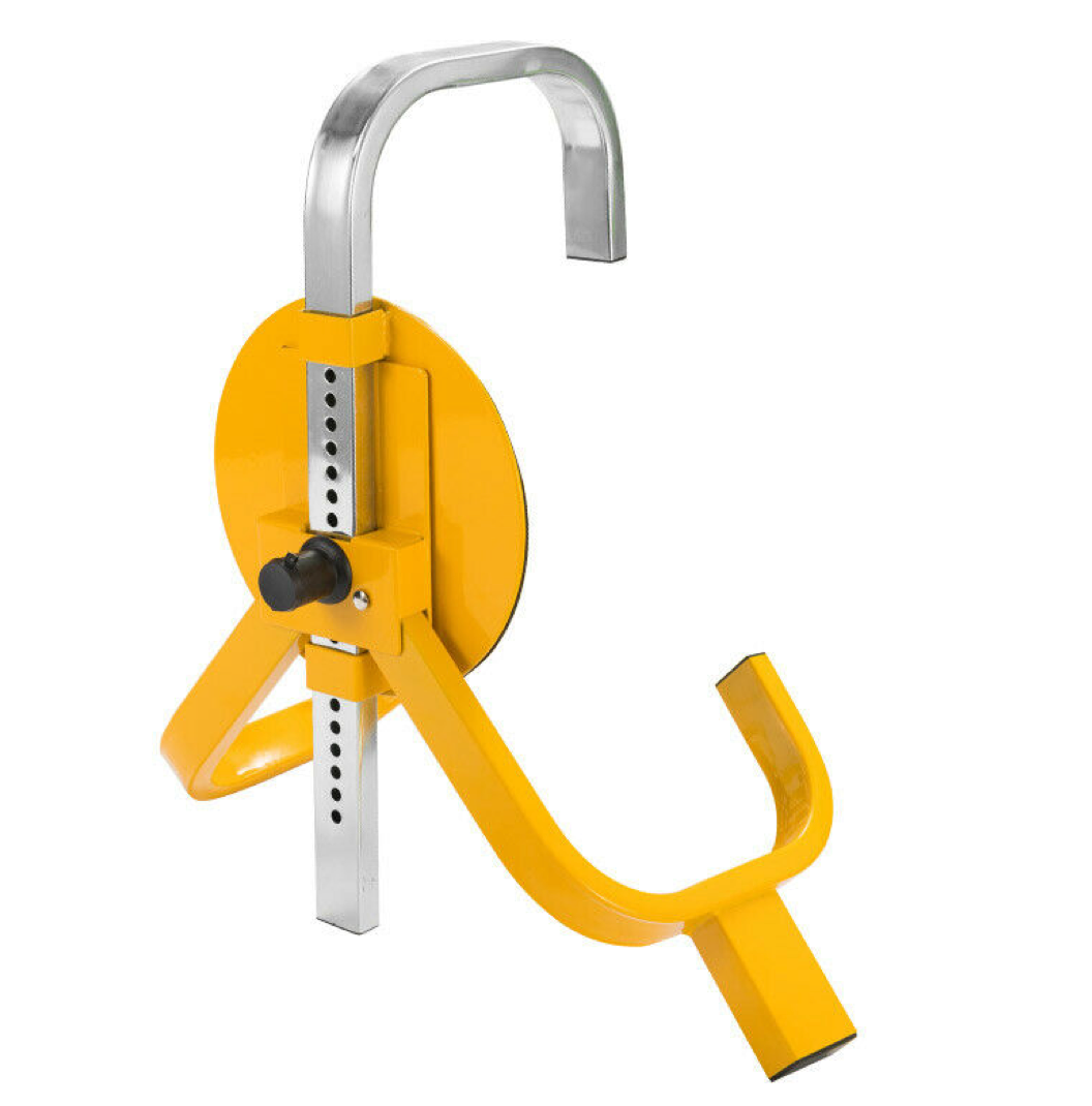 Yellow and silver anti theft wheel clamp lock on a white background