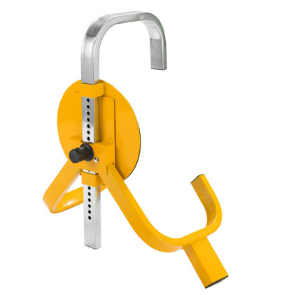 Yellow and silver anti theft wheel clamp lock on a white background