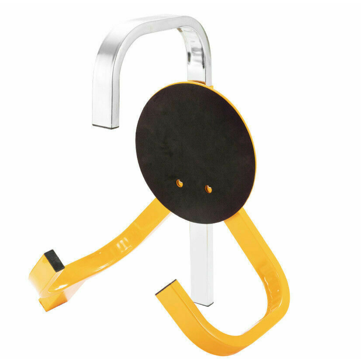 Yellow wheel clamp lock with black disc on a white background 