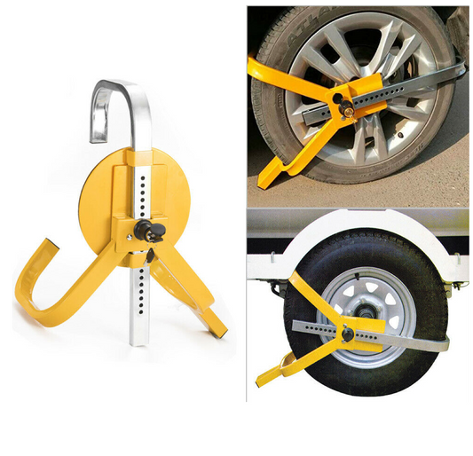 Yellow wheel clamp on a white background with close-up of clamp on tire.