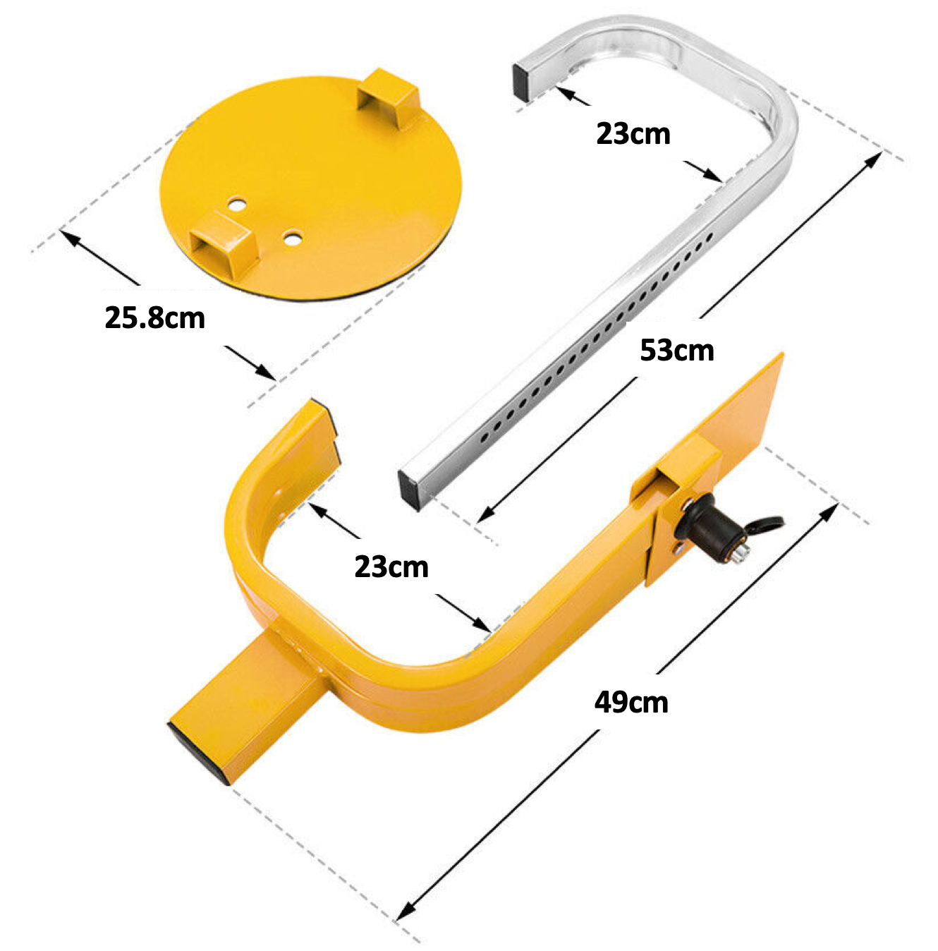 Yellow wheel clamp lock with measurements on a white background