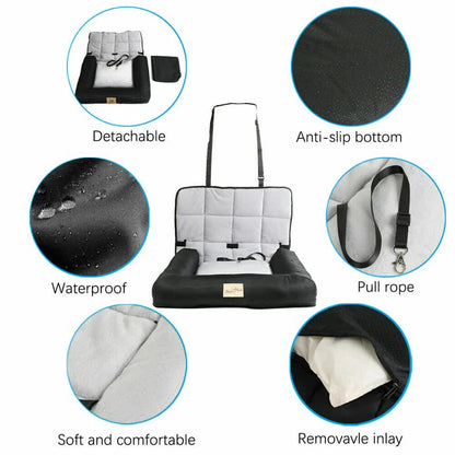 Black pet seat cover with features highlighted on a white background