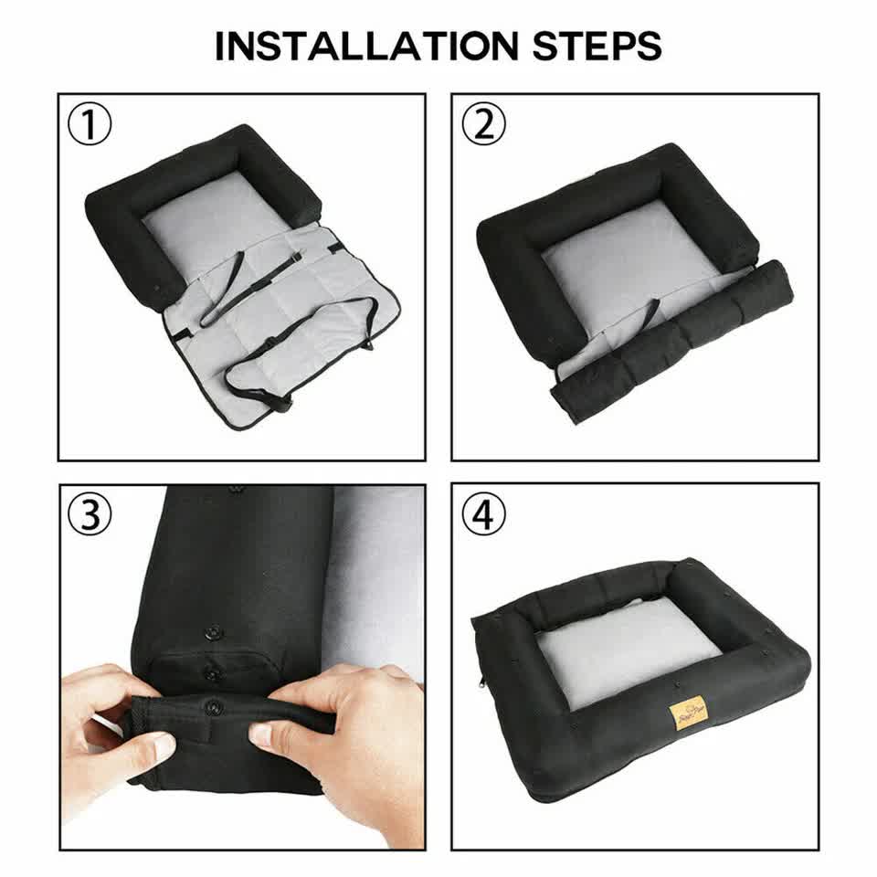 Step-by-step installation guide for a black pet bed with white interior.