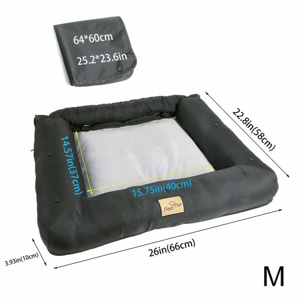 Black pet bed with measurements on a white background