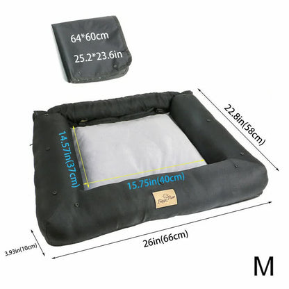 Black pet bed with measurements on a white background