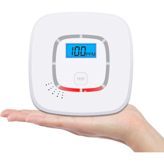 Battery operated carbon monoxide detector with digital LCD display resting on an open hand