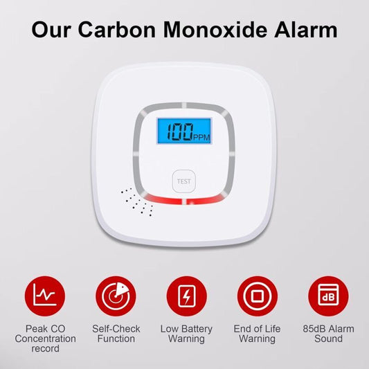 Carbon monoxide detector showing digital display, self-check function, low battery warning and 85dB alarm features