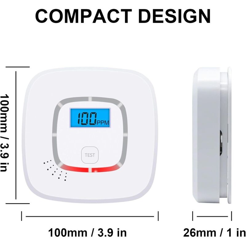Battery powered carbon monoxide detector with front and side dimensions measuring 100mm x 100mm x 26mm
