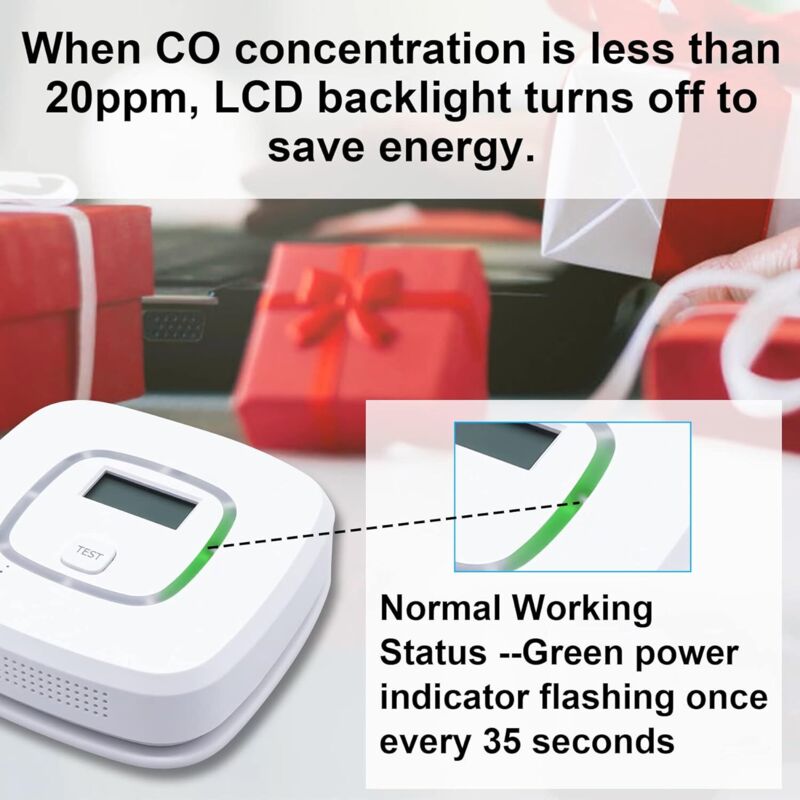 Carbon monoxide detector illustrating LCD backlight, energy saving mode and normal operating status indicator