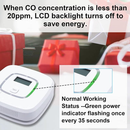 Carbon monoxide detector illustrating LCD backlight, energy saving mode and normal operating status indicator
