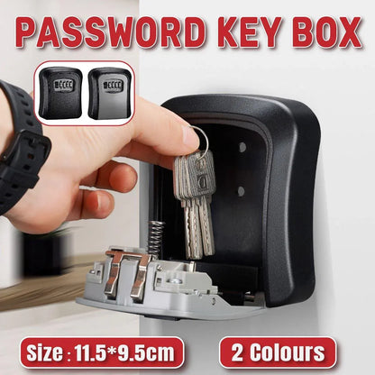 Password key box with keys being inserted, hand holding keys, and product details on a white background.