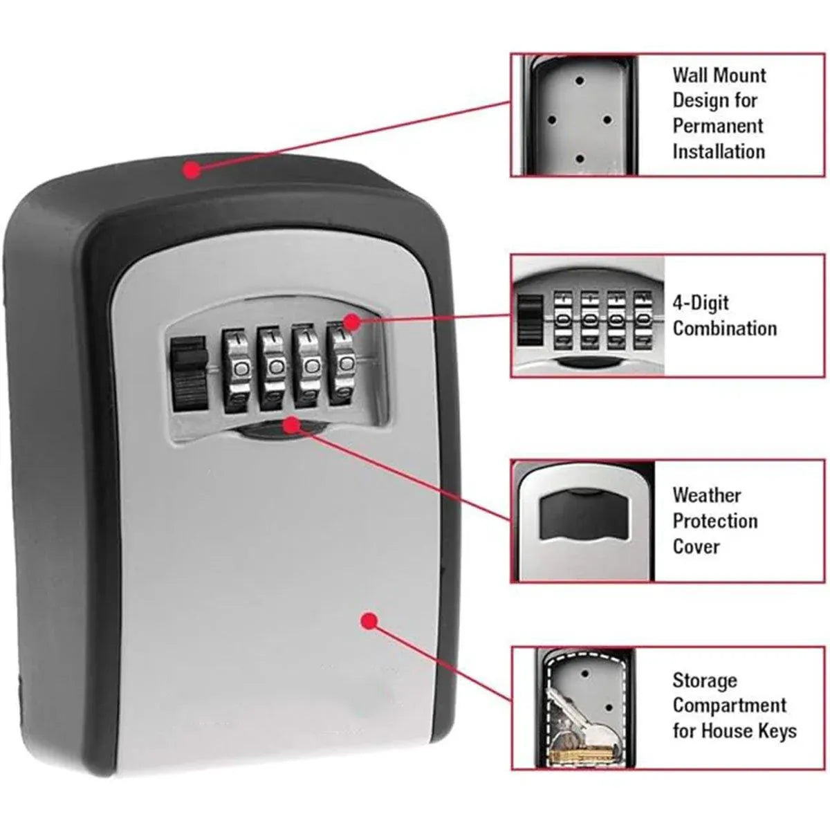 Key storage box with a combination lock, featuring wall mount design and weather protection cover.
