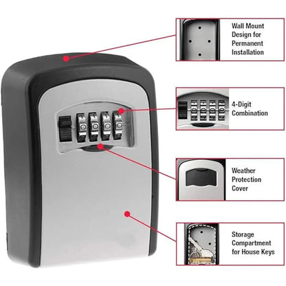 Key storage box with a combination lock, featuring wall mount design and weather protection cover.