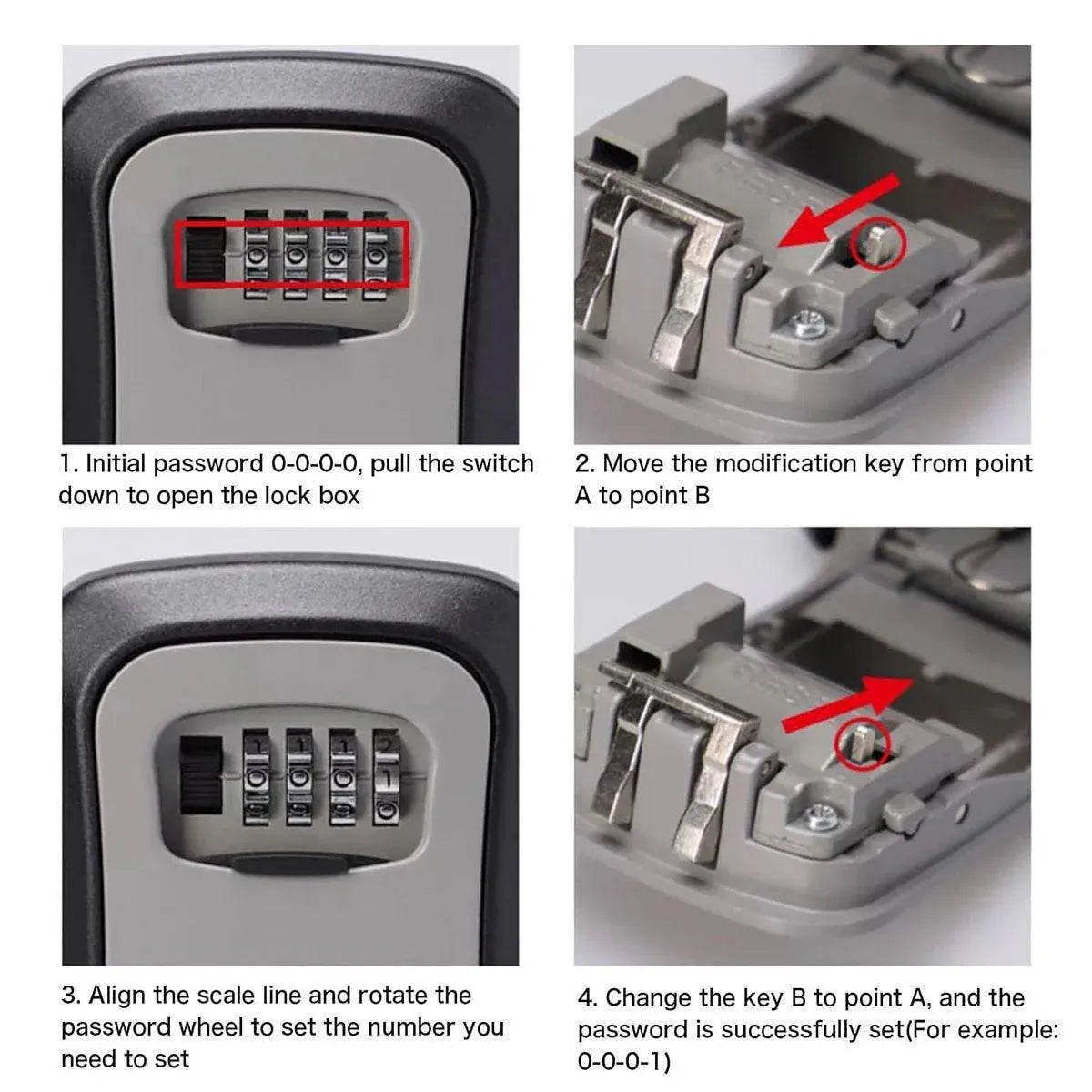 Instructions for setting a combination lock on a key storage box with text and arrows indicating steps.