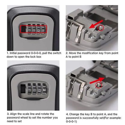 Instructions for setting a combination lock on a key storage box with text and arrows indicating steps.