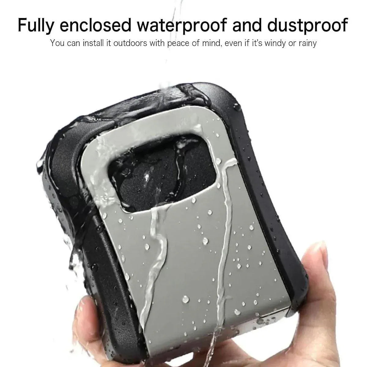 Key safe box with water splashes, labeled as waterproof and dustproof.