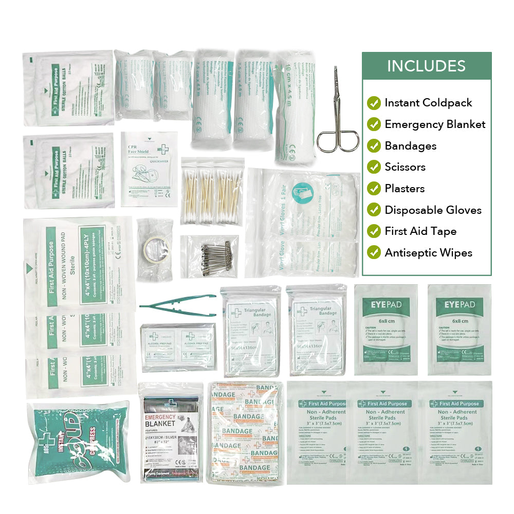 Deluxe first aid kit including bandages, emergency blanket, scissors, gloves and medical supplies