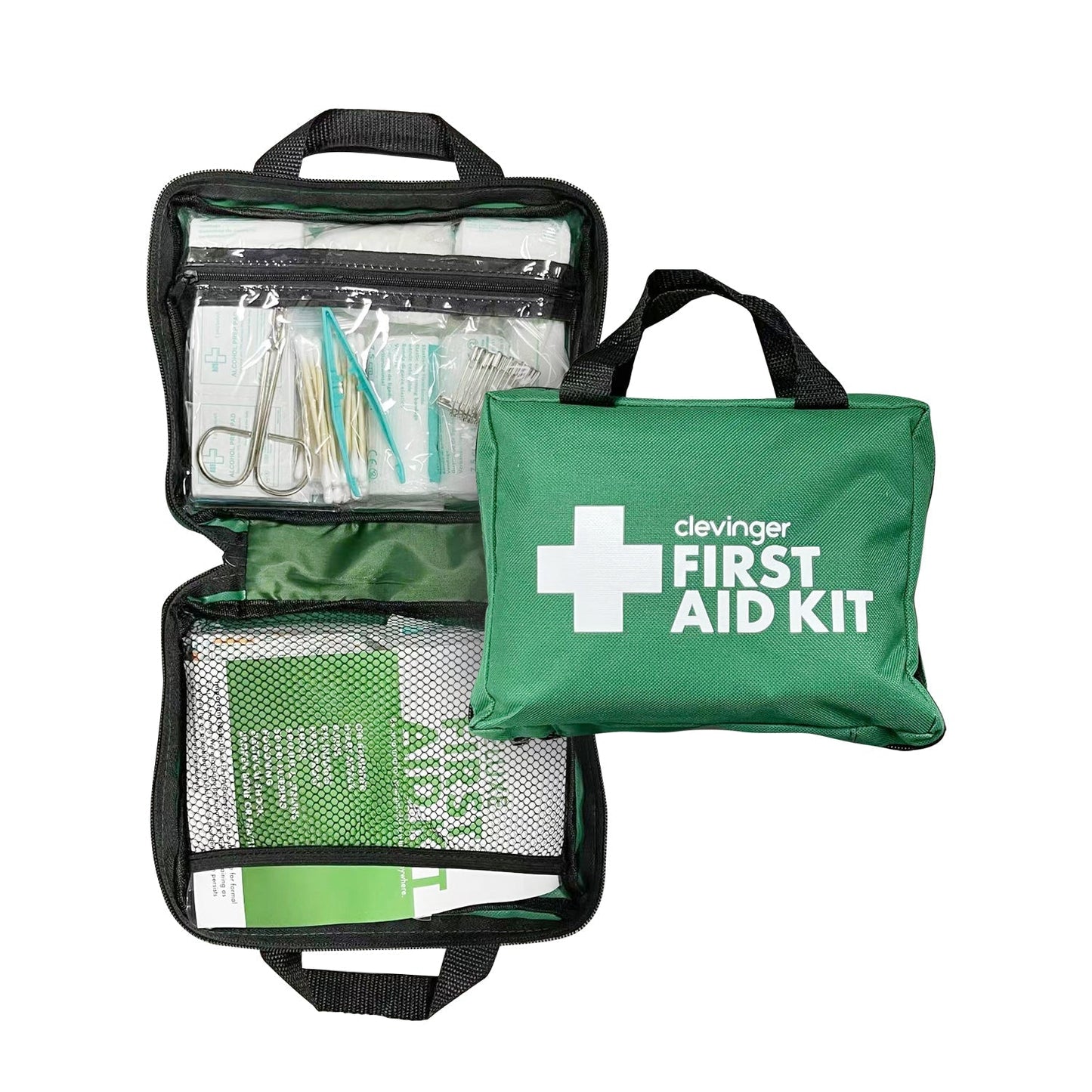 Open portable first aid kit with organised storage compartments and emergency medical supplies