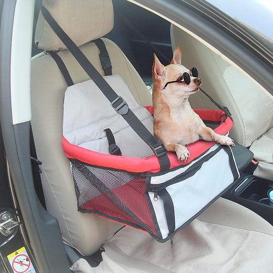 Small dog sitting comfortably in a portable dog car booster seat with safety harness during car travel