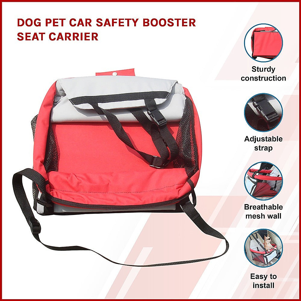 Dog car booster seat showing key features including durable design, adjustable straps, breathable mesh and quick installation
