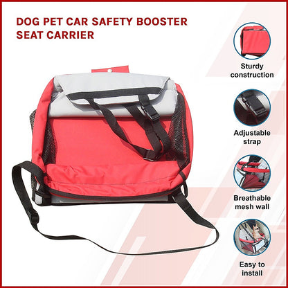 Dog car booster seat showing key features including durable design, adjustable straps, breathable mesh and quick installation