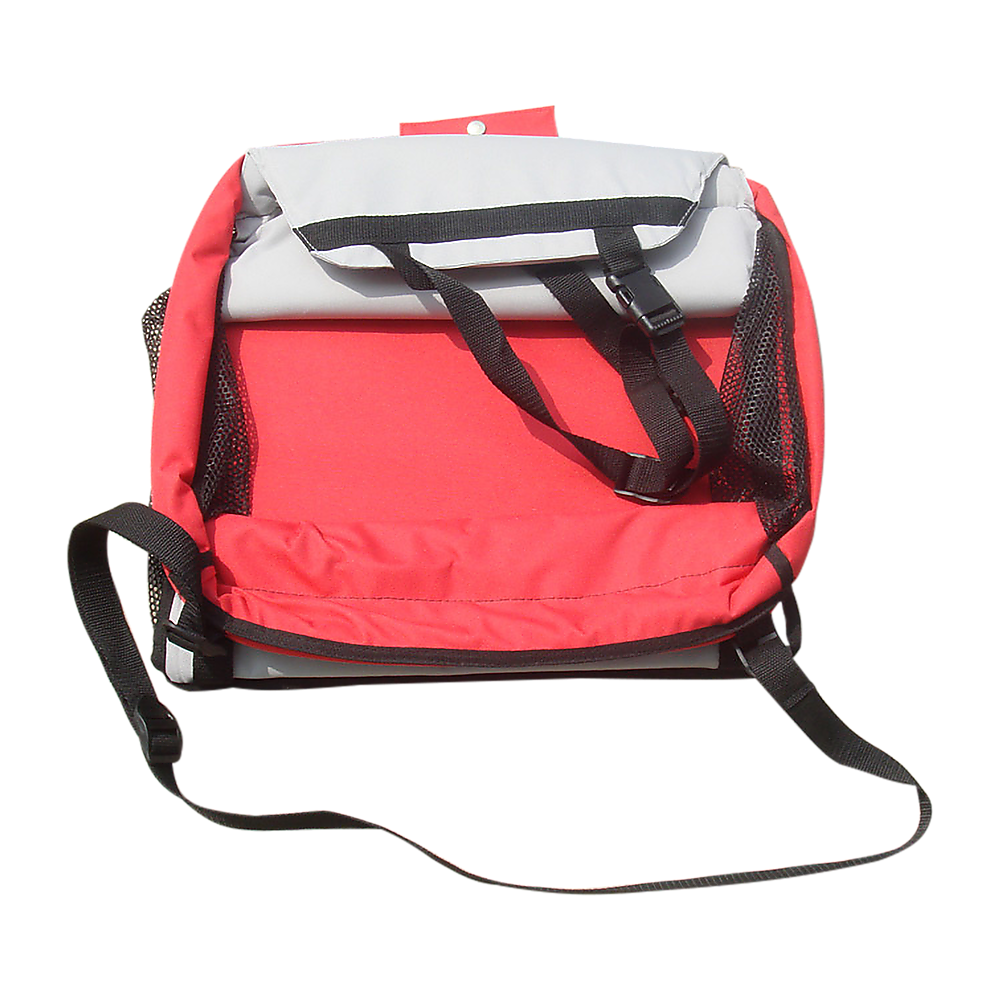 Red portable dog car booster seat with breathable mesh sides and internal safety harness