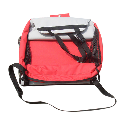 Red portable dog car booster seat with breathable mesh sides and internal safety harness