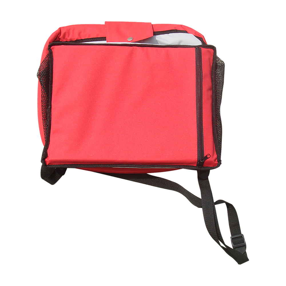 Rear view of a red dog car booster seat showing adjustable mounting straps and sturdy construction