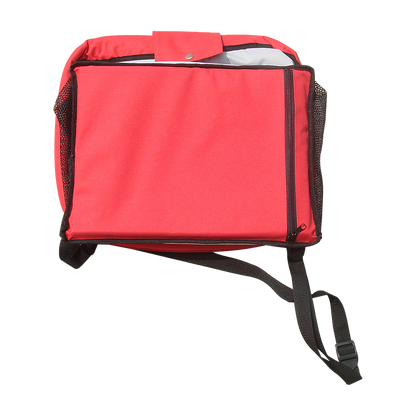 Rear view of a red dog car booster seat showing adjustable mounting straps and sturdy construction