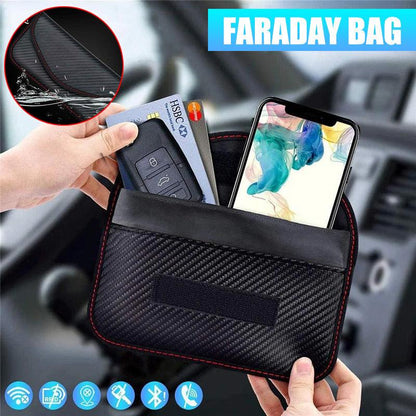 Faraday bag designed to bloc RFID and key fob signals, shown holding a car key, cards and smartphone.