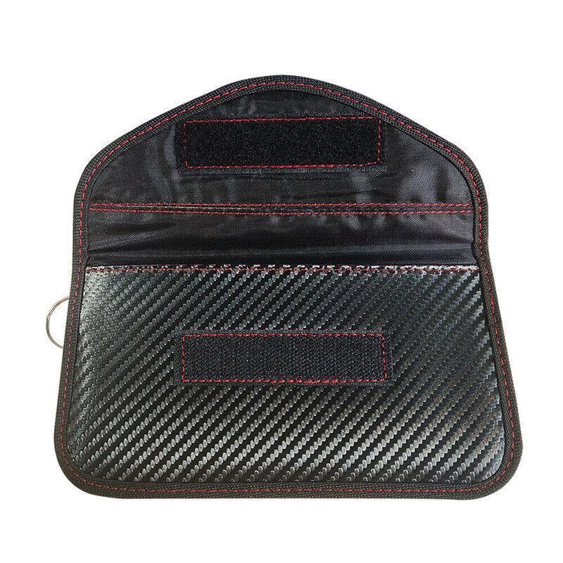 Black carbon fiber patterned faraday anti-theft pouch on a white background