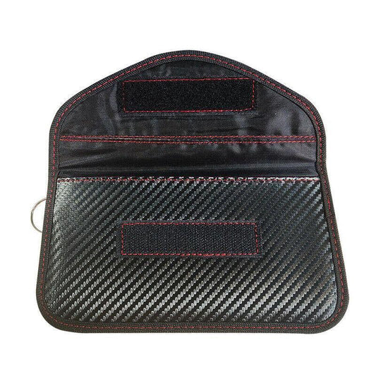 Black carbon fiber patterned faraday anti-theft pouch on a white background