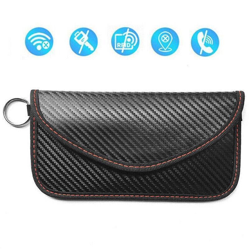 Black faraday patterned key case with connectivity icons on a white background