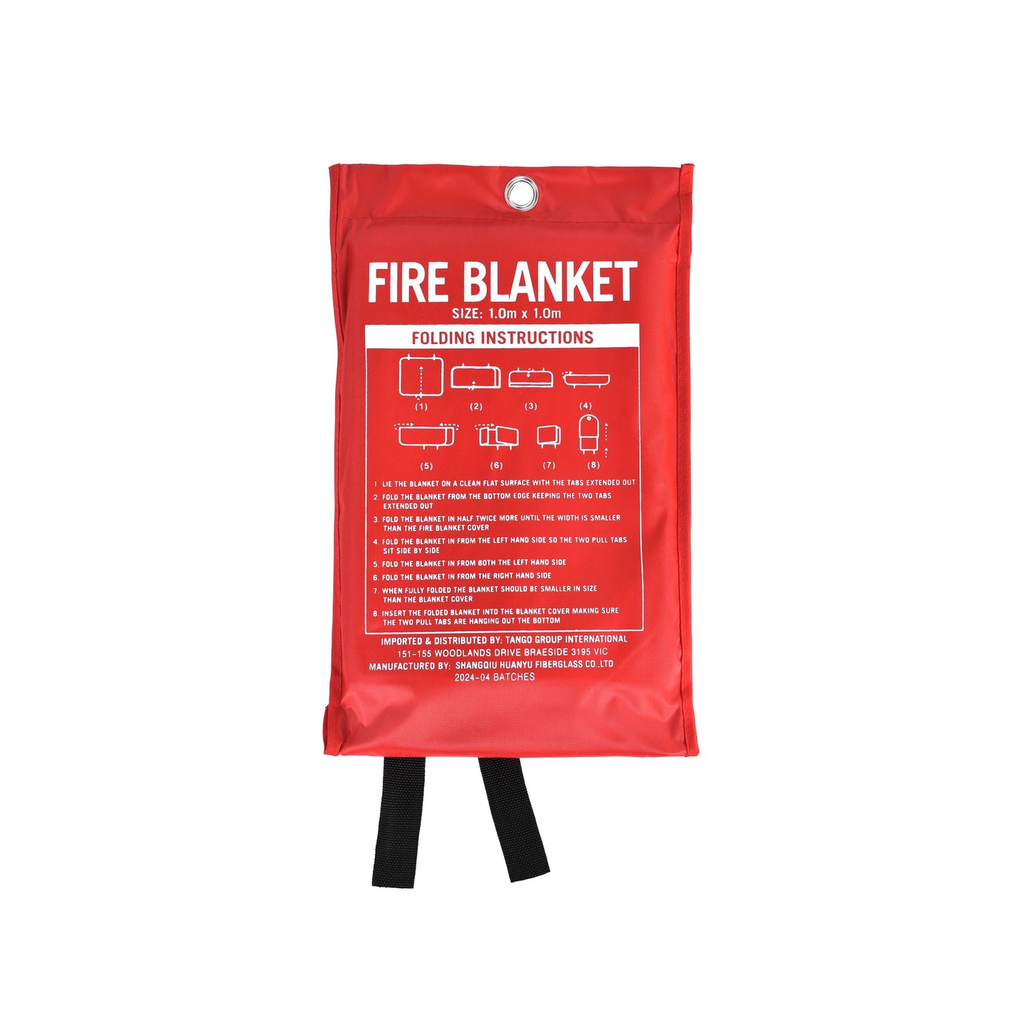 Australian certified 1m x 1m fibreglass fire blanket in red wall-mounted pouch