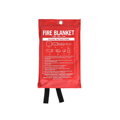 Australian certified 1m x 1m fibreglass fire blanket in red wall-mounted pouch