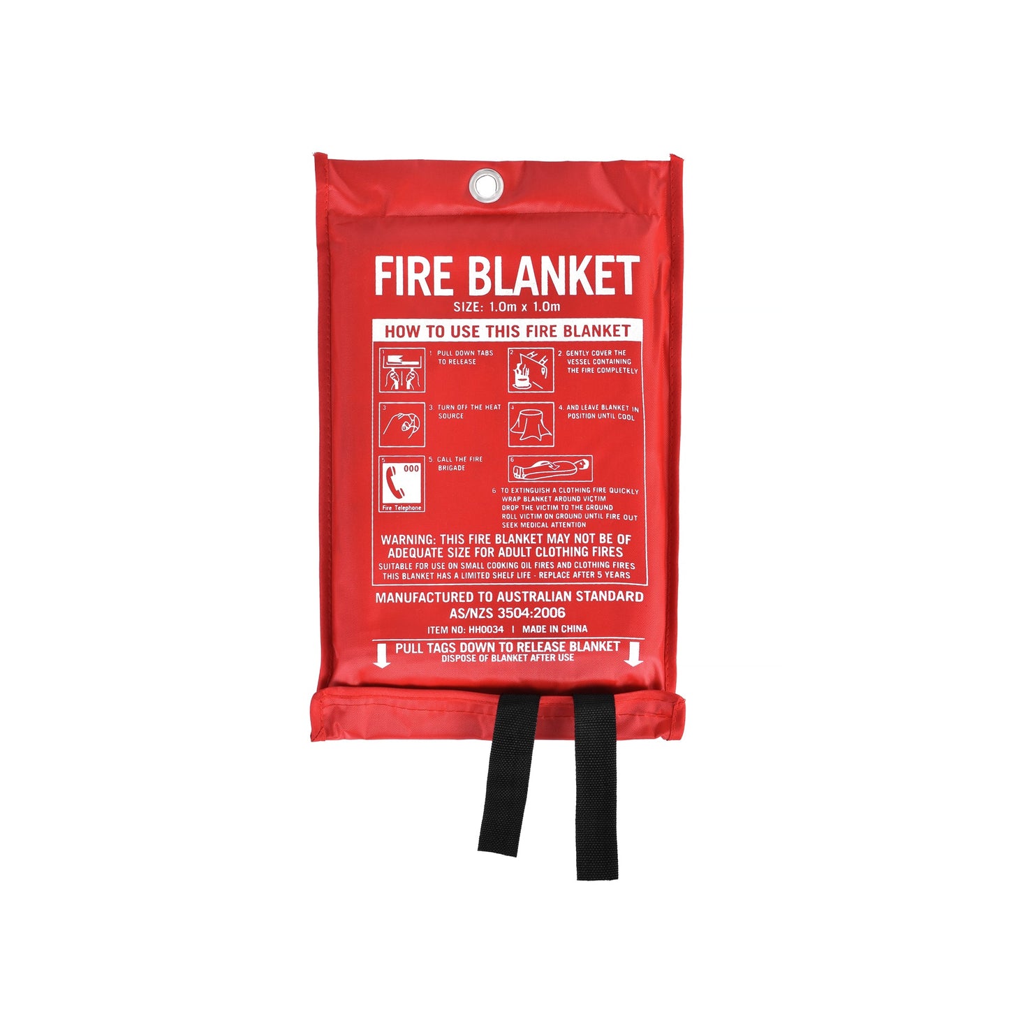 Red fire blanket in packaging with instructions on a white background